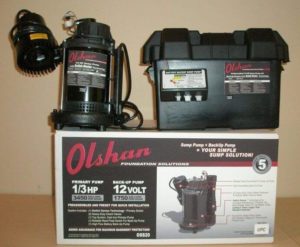 Sump pump with battery back up kit for installation by Olshan Foundation Repair in Kansas City