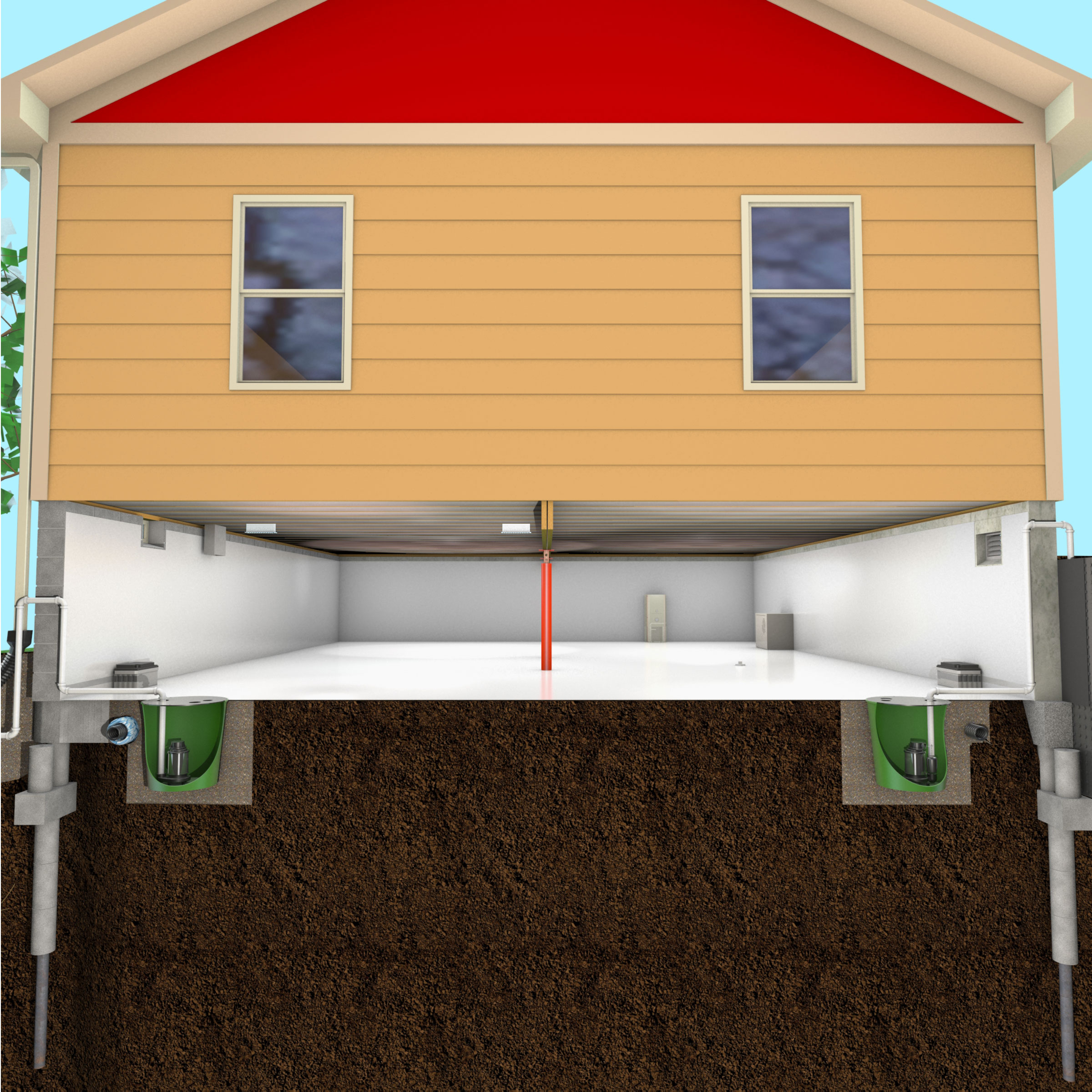 Diagram illustrating the benefits of complete encapsulation for energy-efficient, moisture-free underfloor areas beneath residential structures Diagram illustrating the benefits of complete encapsulation for energy-efficient, moisture-free underfloor areas beneath residential structures