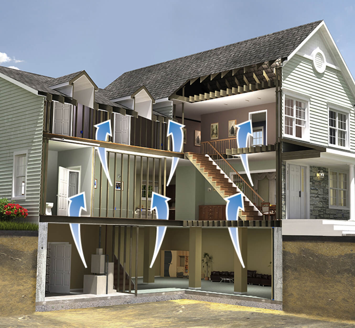 Illustration showcasing air circulation benefits from professional encapsulation, enhancing indoor air quality and home energy efficiency Illustration showcasing air circulation benefits from professional encapsulation, enhancing indoor air quality and home energy efficiency