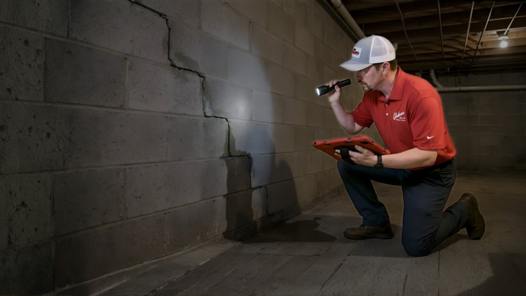 An Olshan technician in a red uniform uses a flashlight and tablet to estimate a large stair-step crack in a concrete block basement wall.