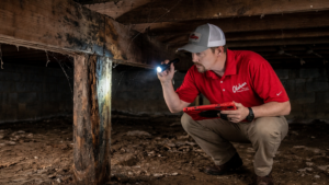 Inspecting a moldy crawl space beam