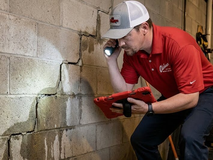 Olshan technician evaluating basement crack that leaks