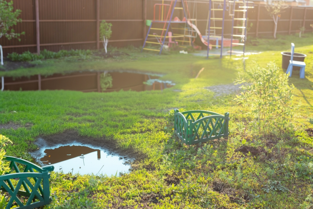 Backyard with visible pooling water indicates urgent need for French drain installation to improve lawn drainage.