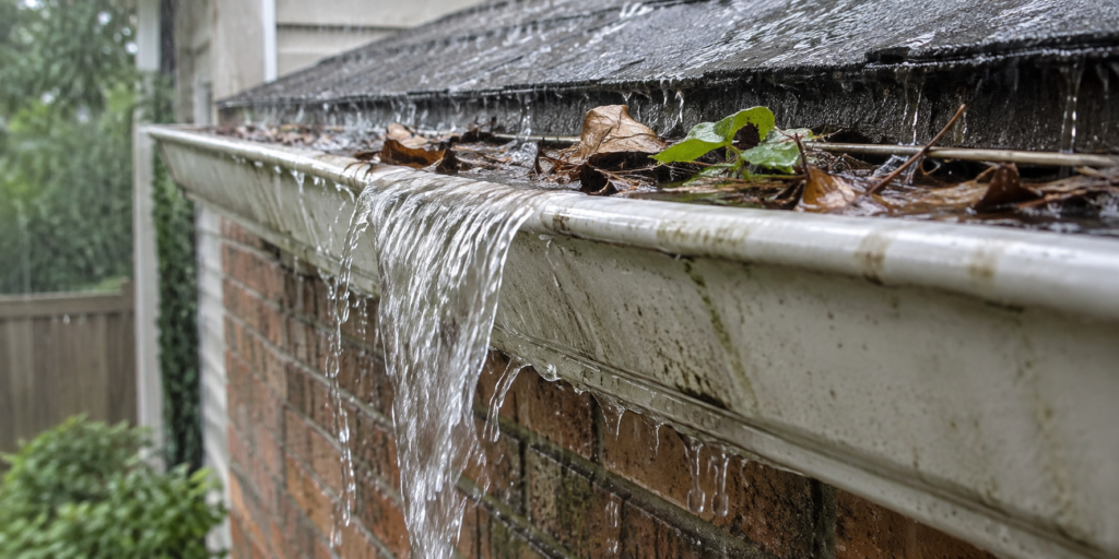 Water overflowing from a clogged gutter near a home's roofline