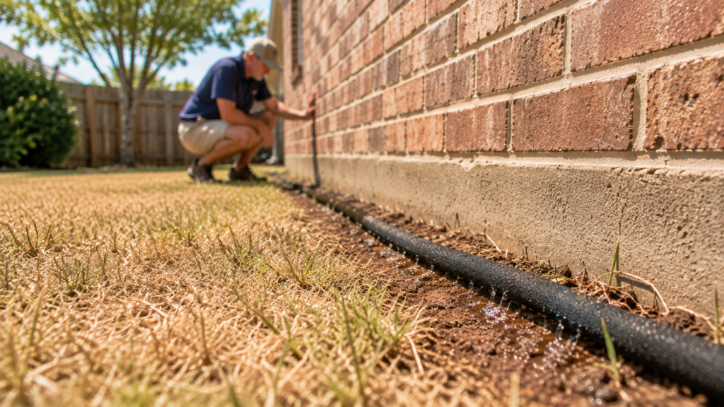Homeowner inspecting watered foundation
