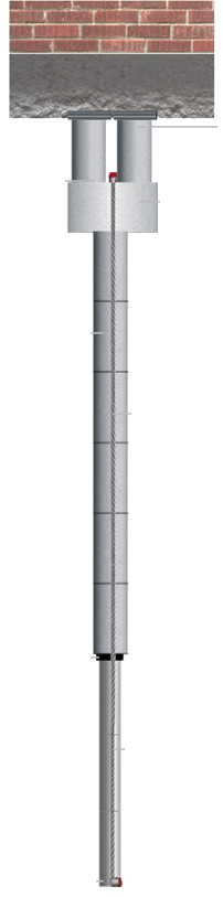 Cable Lock ST Plus pier: spacers, pile cap, concrete cylinder, galvanized steel cable, hybrid transition piece and interlocking steel segments beneath a brick home