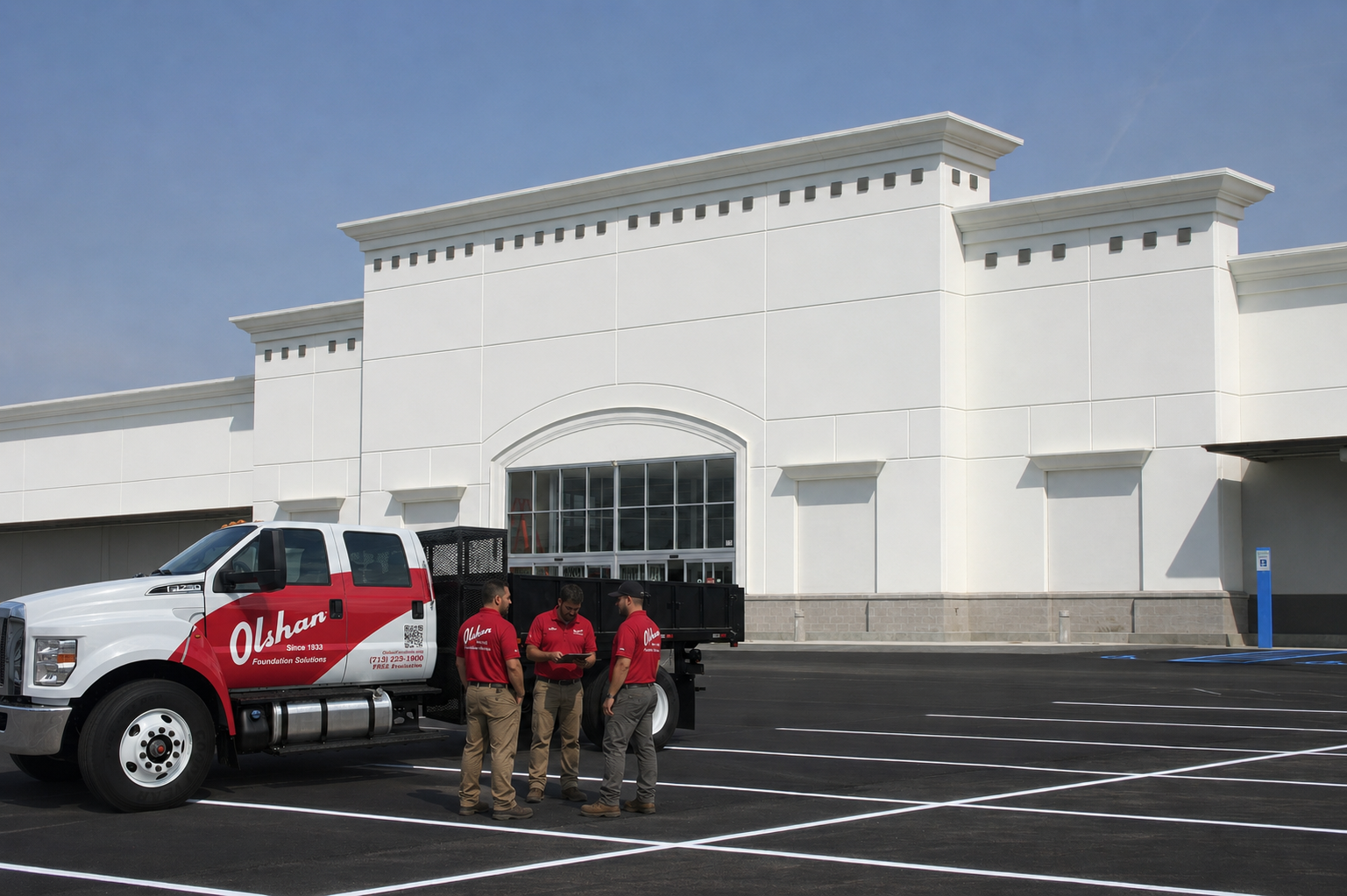 Olshan commercial crew on site outside a big-box retail store