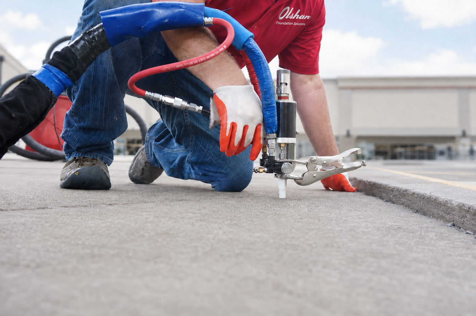 Olshan technician injecting polyurethane in a commercial parking lot