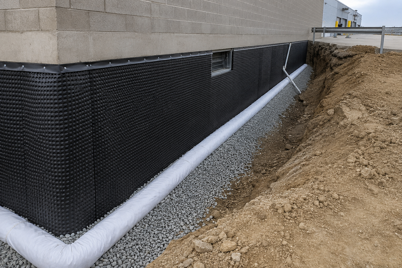 Exterior waterproofing membrane and drainage on a commercial foundation