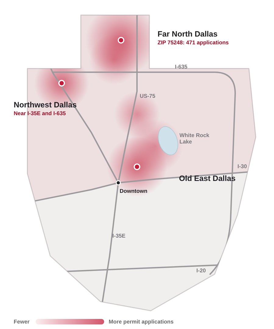 Map of Dallas foundation repair permit hotspots in Far North Dallas, Old East Dallas and northwest Dallas